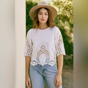White Lace Cutout Blouse – Boho Chic Embroidered Top, Free People Style Size Sm
